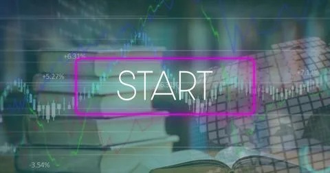 Displaying neon-pink START button at office desk, featuring translucent Stock Photos