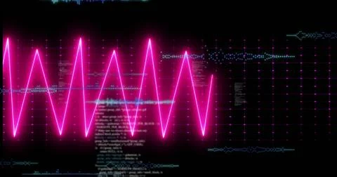 Displaying neon pink waveform pulsing across monitor, with dark grid, cyan dots, Stock Illustration
