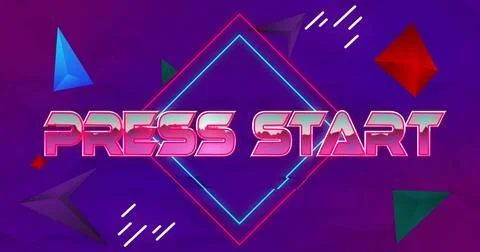 Displaying neon PRESS START title within diamond frame on retro arcade screen Stock Illustration