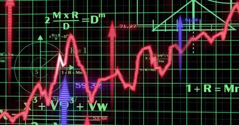 Displaying neon red jagged trend line rising and falling on dashboard, with Stock Illustration
