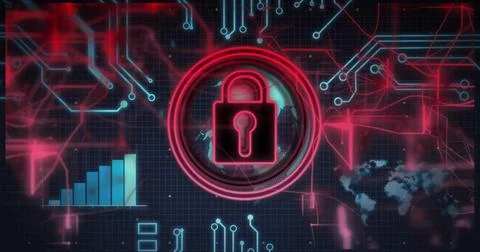Displaying neon red padlock icon in circuit rings on interface, with bar chart, 스톡 일러스트