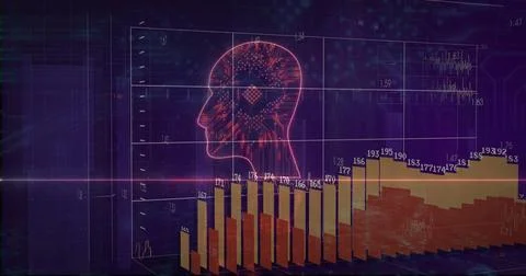 Displaying neon red wireframe head hovering on 3D grid, multicolored bar chart 스톡 일러스트