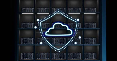 Displaying neon security shield hovering over servers in data center, cloud Illustrazione stock