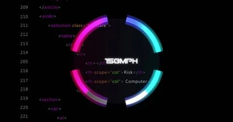 Displaying neon segmented gauge glowing on dark UI mockup, showing 150MPH label, 스톡 일러스트