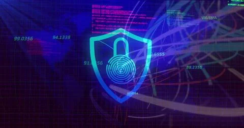 Displaying neon shield icon pulsing over virtual dashboard, showing fingerprint 스톡 일러스트