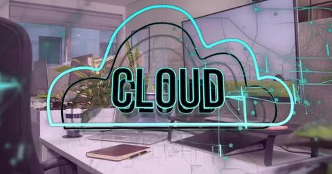 Displaying neon-style cloud graphic above desk near window, with laptop on stand Stock Photos