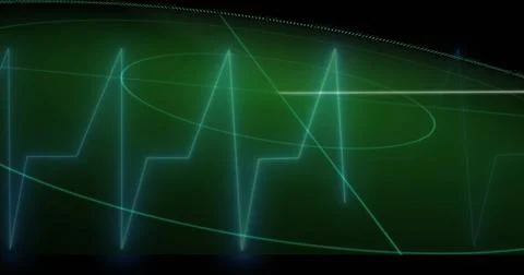 Displaying neon teal waveform pulsing on curved screen, with faint ellipse slant Stock Illustration