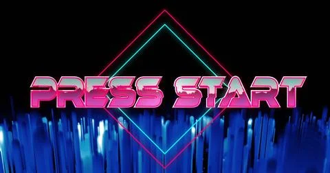 Displaying neon text 'PRESS START' glowing in retro scene, with neon diamonds Stock Photos