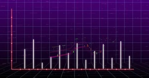 Displaying neon-themed candlestick bars in 3D grid environment showing pink 스톡 일러스트
