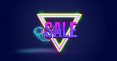 Displaying neon triangle framing 3D SALE text in digital banner, with cyan rings Stock Illustration