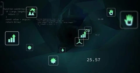Displaying neon UI tiles floating in teal tunnel, showing chart, wind turbine Illustrazione stock
