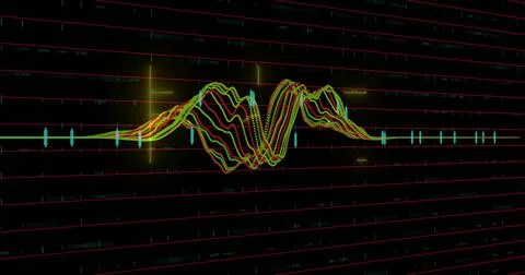Displaying neon waveform lines pulsing on dashboard, with red grid lines, cya イラスト素材