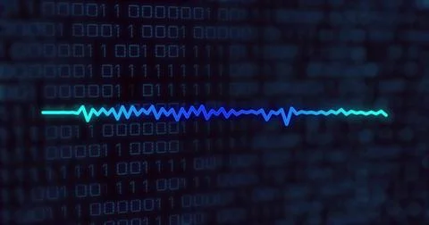 Displaying neon waveform trace running across center in dark navy grid with Stock Illustration
