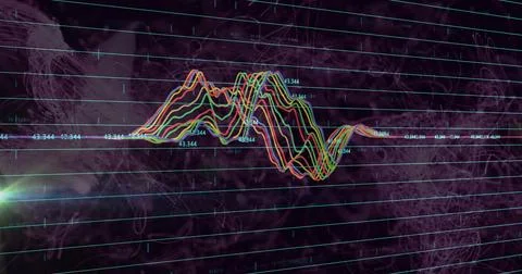Displaying neon waveforms on digital screen with grid lines, numeric labels 43 Stockfoto's