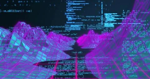 Displaying neon wireframe terrain with scrolling code in virtual cyberspace, Illustrazione stock
