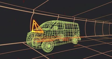 Displaying neon wireframe van rotating in 3D simulation with orange grid, Stockfoto's