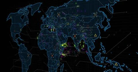 Displaying neon world map charting data streams over grid display showing nodes Stock Illustration