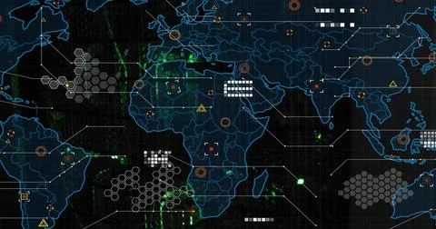 Displaying neon world-map dashboard on control screen, showing hex-tiles, イラスト素材