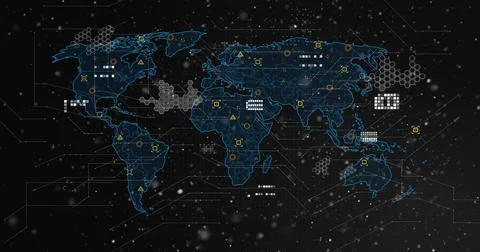 Displaying neon world map on dashboard, showing hexagonal clusters, grid blocks, Illustrazione stock