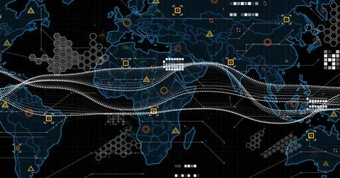 Displaying neon world map pulsing on dark grid background, streaming white waves Stock Illustration