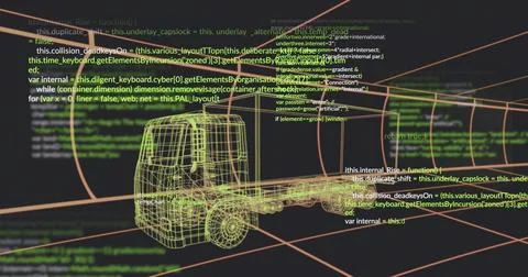 Displaying neon-yellow 3D wireframe truck model in virtual design space, with イラスト素材