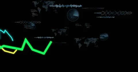 Displaying neon zigzag data lines glowing in lower-left on black HUD, with radar Illustrazione stock