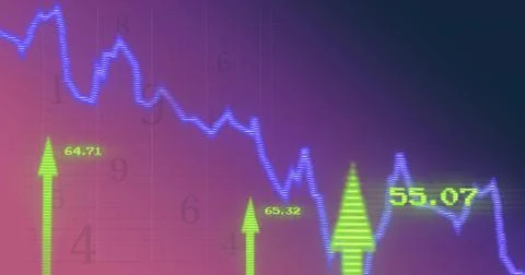 Displaying neonblue jagged line plot trending down with spikes on display Stock Illustration