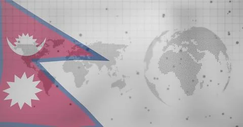 Displaying Nepal flag dominating left over gray grid, with moon-sun emblems, イラスト素材