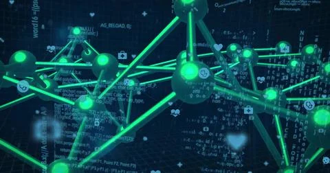 Displaying network connecting green spherical nodes in data network, with code Stock Illustration