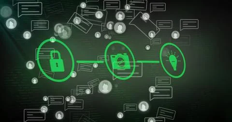 Displaying network connecting padlock, camera, lightbulb icons on dark interface Stock Photos