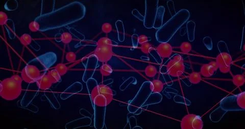 Displaying network connecting red spherical nodes with red lines on navy field, Illustrazione stock