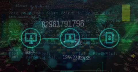 Displaying network connection linking device icons in circuitry, with code Stock-Fotos