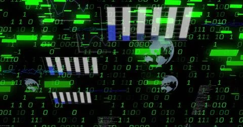 Displaying network on dark backdrop, with green binary digits, globe icons and Illustrazione stock