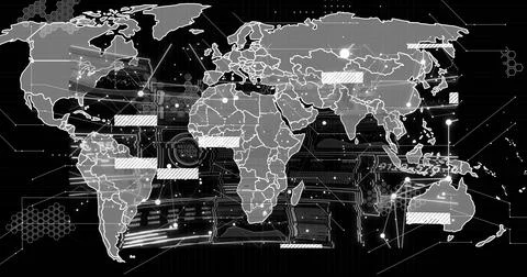 Displaying network in dashboard linking world map outlines glowing nodes and Stockfoto's