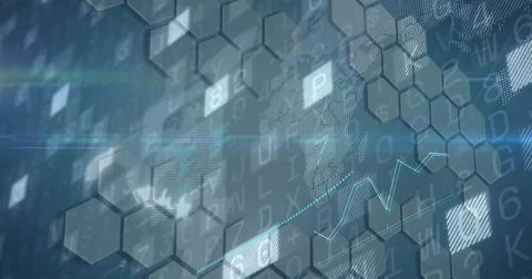 Displaying network data view in dashboard, with hexagon grid, alphanumeric code, Foto stock