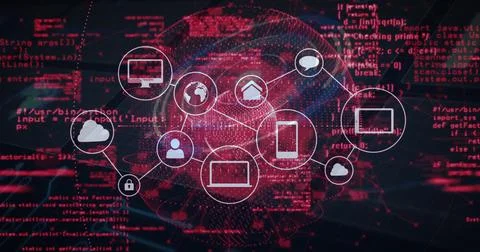 Displaying network diagram connecting cloud, phone and padlock icons on digital イラスト素材