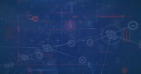 Displaying network diagram linking globe icons on data dashboard, with hex grid, Stock Photos