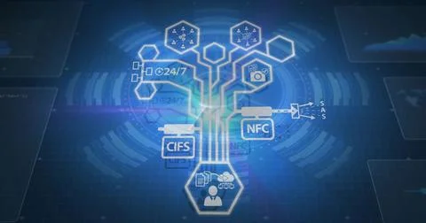 Displaying network diagram over dark blue grid, user icon, hex nodes and Stock Illustration