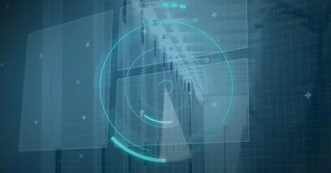 Displaying network equipment and server racks glowing in data center, with イラスト素材