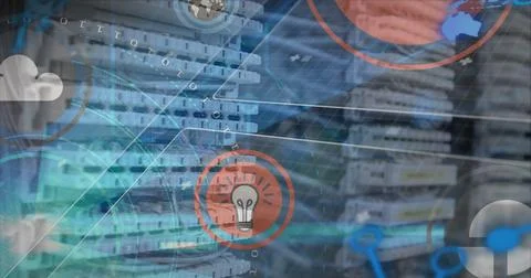 Displaying network equipment with Ethernet cables, overlay icons showing data Stock Photos