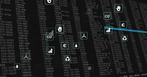 Displaying network of floating CO2, euro, recycling icons in virtual dashboard 스톡 일러스트