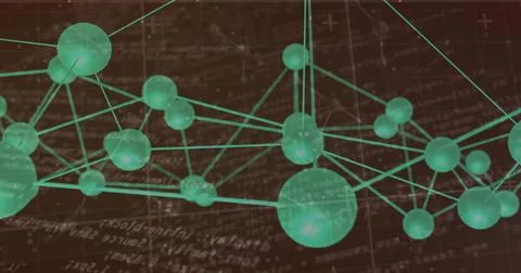 Displaying network forming 3D structure on dark backdrop with green nodes, cy Stock Illustration