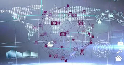 Displaying network globe with nodes on dotted world map grid, with magenta Illustrazione stock
