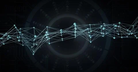 Displaying network with glowing cyan nodes, links and HUD overlays on virtual Foto stock