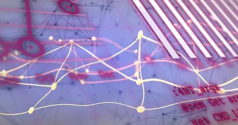 Displaying network of glowing yellow nodes and curved lines forming waveform in Stock Photos
