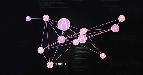 Displaying network graph with central hub node, animating neon avatar links on 스톡 일러스트