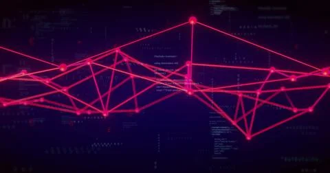 Displaying network graph with glowing pink nodes and neon lines in digital mesh, Stock Illustration