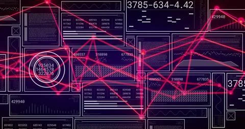 Displaying network graph glowing pink nodes spanning digital dashboard panels, Stock Photos