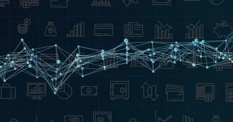 Displaying network graph on grid backdrop, featuring glowing blue nodes, lines Stock Illustration