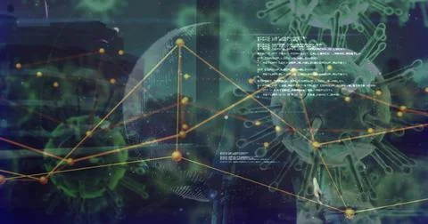 Displaying network graph mapping green viral models and gold nodes in virtual Stock Illustration